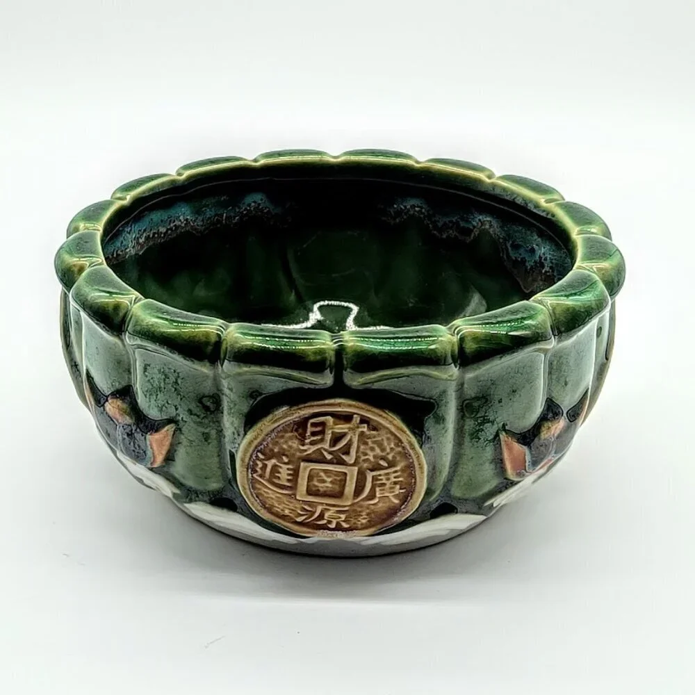 Asian Green Majolica Ceramic Round Planter
